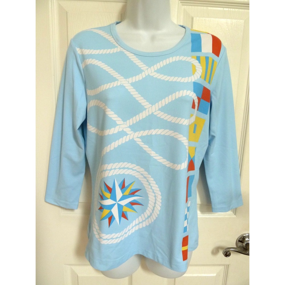 J. McLaughlin Catalina Cloth Top M Blue Nautical Flag Rope Compass 3/4 Sleeve